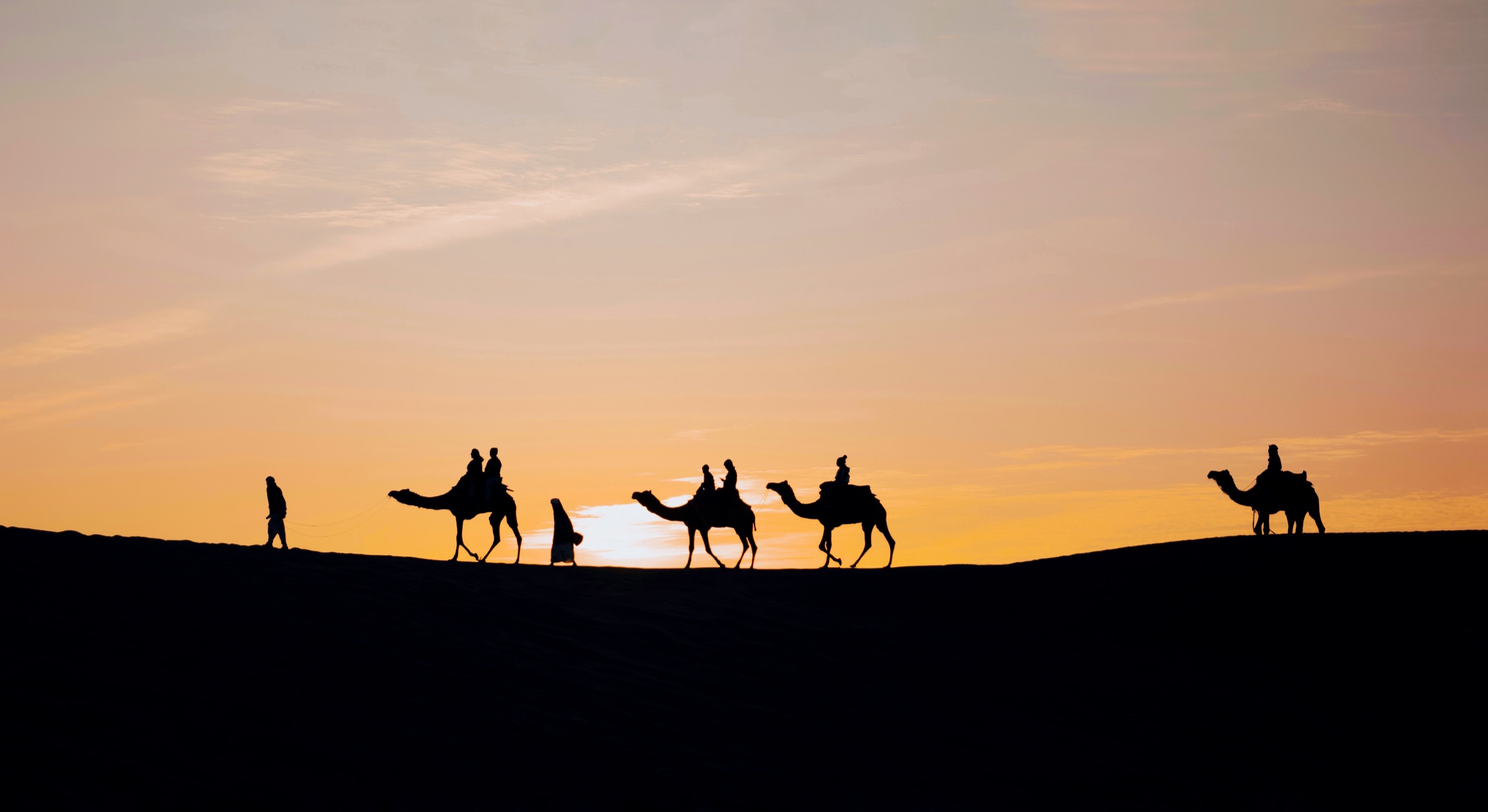 Camel safari silhouettes at sunset in the desert