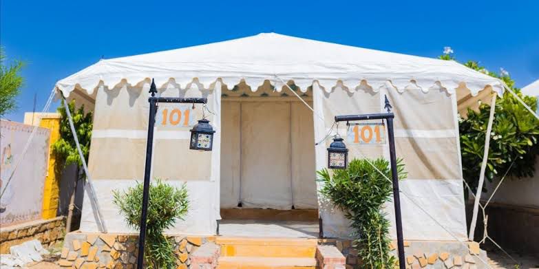 Front entrance of a Swiss tent at Lucky Udan Resort