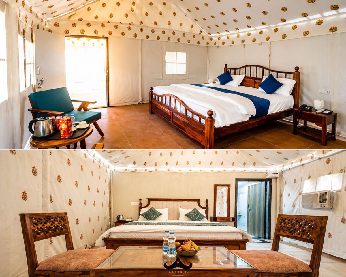 Collage of Swiss tent bedroom and seating area